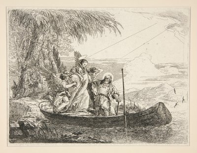 The Holy Family Enters a Boat, fra serien Idee pittoresche sopra la fuga in Egitto (Flight into Egypt) af Giovanni Domenico Tiepolo