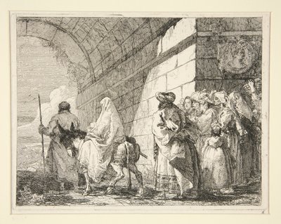 Den hellige familie passerer under en bue, forlader ved en byport, fra serien Idee pittoresche sopra la fuga in Egitto (Flight into Egypt) af Giovanni Domenico Tiepolo