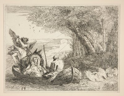 The Holy Family Travelling by Boat, fra serien Idee pittoresche sopra la fuga in Egitto (Flyv til Egypten) af Giovanni Domenico Tiepolo