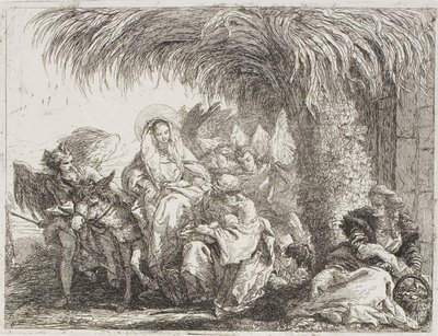Den hellige familie under et palmetræ, tallerken seks fra Flugten til Egypten af Giovanni Domenico Tiepolo