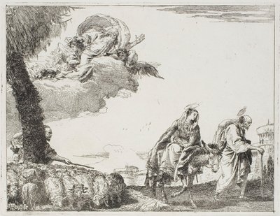 Den hellige familie går langs en bymur. Til venstre, en hyrde med sin flok og Gud Faderen, plade otte fra Flugten til Egypten af Giovanni Domenico Tiepolo