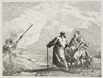 Den hellige familie på bredden af en flod, plade fjorten fra Flugten til Egypten af Giovanni Domenico Tiepolo