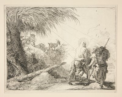 Jomfruen, monteret på æslet og set bagfra, fra serien Idee pittoresche sopra la fuga in Egitto (Flygt til Egypten) af Giovanni Domenico Tiepolo