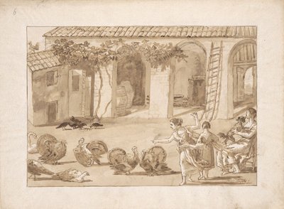 Kalkuner i en venetiansk gård, den tredje tegning i Tiepolo af Giovanni Domenico Tiepolo