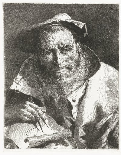 Videnskabsmand med baret på hovedet og kompas i hånden Samling af hoveder (serietitel) Raccolta di Teste (serietitel) af Giovanni Domenico Tiepolo