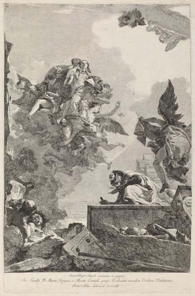 Madonna del Carmelo dukker op for Saint Simon Stock af Giovanni Domenico Tiepolo after Giovanni Battista Tiepolo