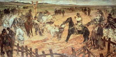 Mærkning af unge tyre i Maremma af Giovanni Fattori (1825-1908), olie på lærred, 885 cm x175 af Giovanni Fattori