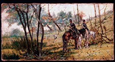 To soldater rider under træerne (To heste-legere) - Maleri af Giovanni Fattori