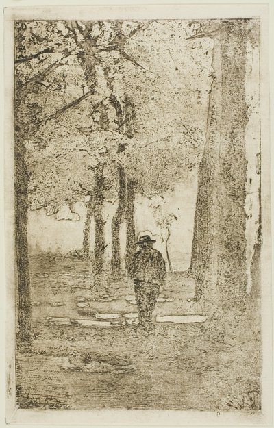 Træbevokset gåtur med figur af Giovanni Fattori