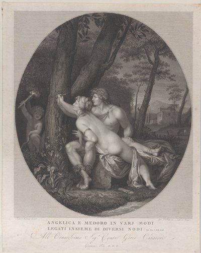 Angelica liggende over skødet af Medoro og skriver deres navne på en træstamme, 1784-1836. af Giovanni Folo