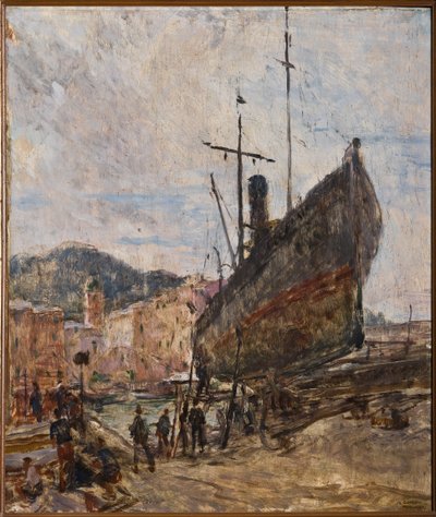 Havn og båd (olie om bord) af Giovanni Forghieri