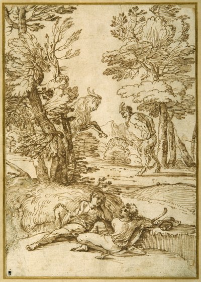 Et landskab med to hyrde drenge hvilende, mens en satyr og en ged danser (pen & blæk på papir) af Giovanni Francesco Grimaldi