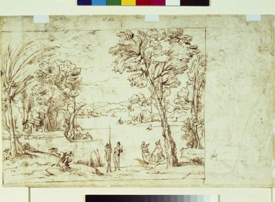 Landskab med figurer på en flodbred (pen og blæk på papir) af Giovanni Francesco Grimaldi