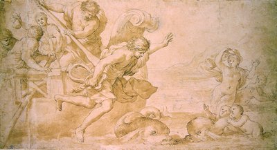 Arion og delfinerne (pen og brunt blæk og vask på papir) af Giovanni Francesco Romanelli