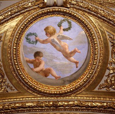 Kærlighed til Fred. Maleri af Giovanni Romanelli (1601-1662), der dekorerer loftet i Antonine Hall, soveværelse i sommerlejlighederne hos Dronning Anne af Østrig (1601-1666). Omkring 1655-1658. Paris, Louvre-museet. af Giovanni Francesco Romanelli