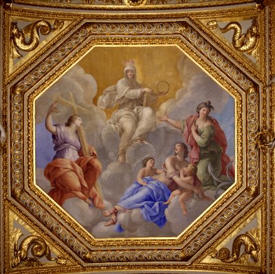 Religion og teologiske dyder (tro, næstekærlighed, esperance). Maleri af Giovanni Romanelli (1601-1662), der dekorerer loftet i Antonine Hall, soveværelse i sommerlejlighederne hos Dronning Anne af Østrig (1601-1666). Omkring 1655-1658. Paris, Louvre Mus af Giovanni Francesco Romanelli