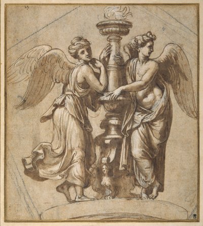 Sejre, der omfavner en kandelaber (pen og brunt blæk med sort kridt på papir) af Giovanni Francesco (c.1488 1528) Penni