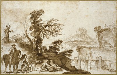Landskab med en rytter og en bro (pen og vask i brunt blæk med noget sort kridt på råhvidt papir) af Giovanni Francesco Barbieri