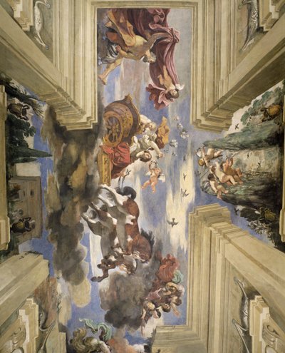 Sala di Aurora Daggryets sal, detalje af loftet med en afbildning af Daggryets vogn, 1621 tempera på panel af Giovanni Francesco Barbieri