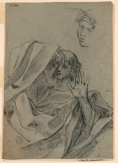 Tegnestudier med kvindeansigt og mand tilbagelænet og højre hånd med underarm af Giovanni Francesco Barbieri