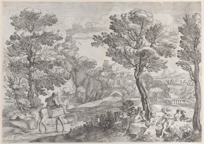 En gruppe mennesker, der spiller kort til højre og en mand til hest til venstre, 1626-80. af Giovanni Francesco Grimaldi