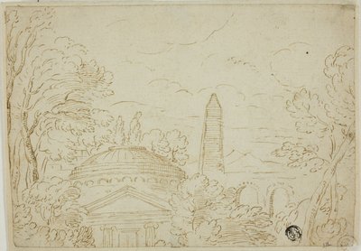Landskab med tempel, obelisk og akvædukt af Giovanni Francesco Grimaldi