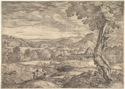 Landskab med en teglfabrik i mellemgrunden, en stående mand i forgrunden p..., 1626-80. af Giovanni Francesco Grimaldi