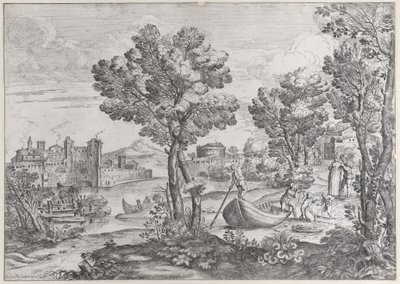 Landskab med en mand, der holder en slange til et rædselsslagent barn, overvåget af en moderigtigt dre..., 1626-80. af Giovanni Francesco Grimaldi