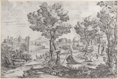 Landskab med en mand, der holder en slange til et rædselsslagent barn, overvåget af en moderigtigt dre..., 1626-80. af Giovanni Francesco Grimaldi