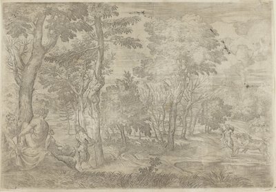 Landskab med nymfer og satyrer af Giovanni Francesco Grimaldi