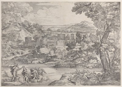 Kristi dåb nederst til venstre, i et landskab, 1626-80., 1626-80. af Giovanni Francesco Grimaldi