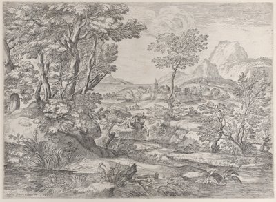 Tre drenge i et landskab med en by i baggrunden, 1626-80. af Giovanni Francesco Grimaldi