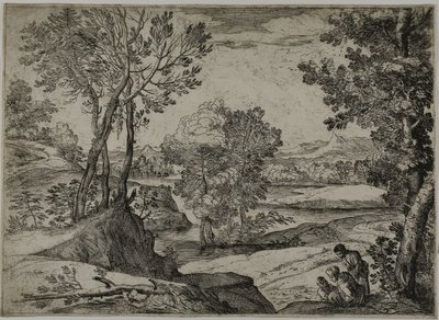 Kvinde, hendes barn og en stående mand i et landskab af Giovanni Francesco Grimaldi