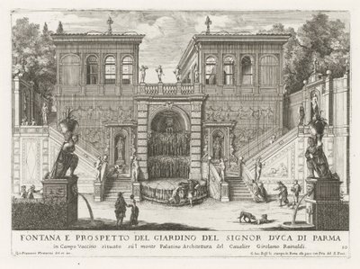 Farnesische Tuinen te Rom Springvand og forhøjning af hertugen af ​​Parmas have (...) (titel på objektet) Springvandene i Roms paladser og haver (serietitel) Fonteinen in de paleizen en tuinen van Rome (serietitel) af Giovanni Francesco Venturini