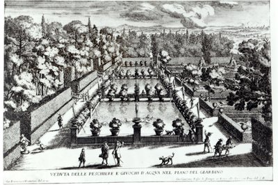 Fiskedamme ved Villa dEste, Tivoli, fra Le Fontane af Giovanni Battista Falda (ca. 1648-1787), udgivet af 1689 af Giovanni Francesco Venturini