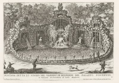 Drakens springvand i de Vaticaanse tuinen Springvand kaldet klippen i Belvedere-haven i pavepaladset (...) (titel på objektet) Springvandene i Roms paladser og haver (serietitel) Fonteinen in de paleizen en tuinen van Rome (serie af Giovanni Francesco Venturini