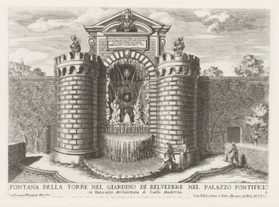 Fontein in de Vaticaanse tuinen Tårnfontæne i Belvedere-haven i pavepaladset (...) (titel på objektet) Springvandene i Roms paladser og haver (serietitel) Fonteinen in de paleizen en tuinen van Rome (serietitel) af Giovanni Francesco Venturini