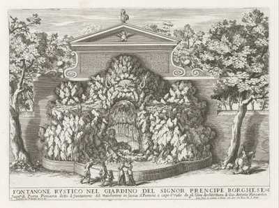 Fontein in de Villa Borghese te Rom Rustikt springvand i Mr. precipe Borgheses have (...) (titel på objektet) Springvandene i Roms paladser og haver (serietitel) Fonteinen in de paleizen en tuinen van Rome (serietitel) af Giovanni Francesco Venturini