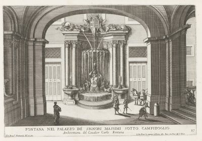 Fontein på den indendørs plads af Palazzo Massimo di Rignano te Rom Springvand i Palazzo de Signori Massimi under Campidoglio (titel på objekt) Springvandene i Roms paladser og haver (serietitel) Fonteinen in de paleizen en tuinen van Rome (seriøs af Giovanni Francesco Venturini