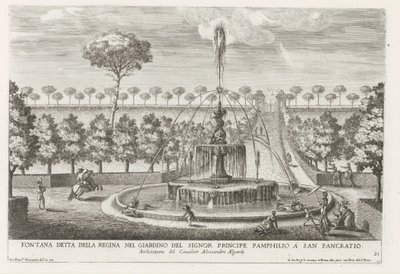Fontein in de tuinen af ​​Villa Doria Pamphilj te Rom Springvand kendt som dronningen i prins Pamphilios have i San Pancratio (titel på objektet) Springvandene i Roms paladser og haver (serietitel) Fonteinen in de paleizen en tuinen v af Giovanni Francesco Venturini
