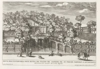 Fontein in de tuinen af ​​Villa Doria Pamphilj te Rom Udsigt over springvandene på højre side af haveteateret (...) (titel på objektet) Springvandene i Roms paladser og haver (serietitel) Fonteinen in de paleizen en tuinen van Rome (serie af Giovanni Francesco Venturini