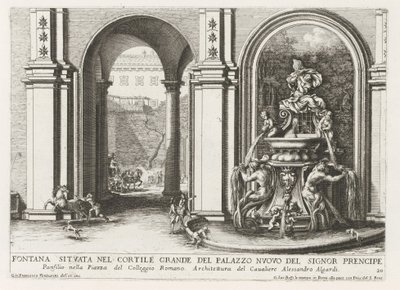 Fontein på en indendørsplads af Palazzo Doria Pamphilj i Rom Springvand placeret i den store gårdhave i Palazzo Nuovo del Signor-bygningen (...) (titel på objektet) Springvandene i Roms paladser og haver (serietitel) Fonteinen in de paleizen en tu af Giovanni Francesco Venturini