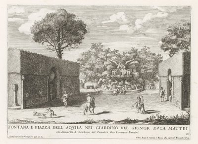 Fontein mødte adelaar i de tuinen af ​​Villa Celimontana te Rom Springvand og piazza del aquila i haven hos hr. hertug Mattei (...) (titel på objektet) Springvandene i Roms paladser og haver (serietitel) Fonteinen in de paleizen en tuinen van R af Giovanni Francesco Venturini