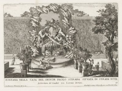 Springvand med et paveligt våbenskjold, to tritoner og delfiner Fontana nella casa del signor Paolo strada situata in strada nova (titel på objekt) Le fontane ne palazzi e ne giardini di Roma (serietitel) Springvand i Roms paladser og haver ( af Giovanni Francesco Venturini