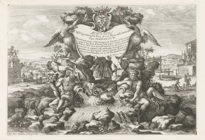 Springvand med dedikation og Livio Odescalchis våbenskjold Le fontane ne palazzi e ne giardini di Roma (serietitel) Springvand i Roms paladser og haver (serietitel) af Giovanni Francesco Venturini