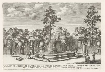 Fontein van Narcissus i Villa Borghese i Rom Narcissus-fontænen i prins Borgheses have (...) (titel på objektet) Springvandene i Roms paladser og haver (serietitel) Fonteinen in de paleizen en tuinen van Rome (serietitel) af Giovanni Francesco Venturini