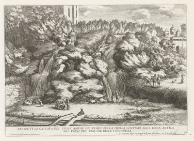 Landschap met cascade en Tempel van de Tiburtijnse Sibille t og Tivoli Højde og vandfald af Aniene-floden med sibyllens tempel (...) (titel på objektet) Springvandene i Estense-haven i Tivoli (serietitel) Fonteinen in de tuinen af ​​Villa d