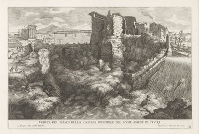 Landschap met waterval en tempel van de Tiburtijnse Sibille t og Tivoli Set fra siden af ​​Aniene-flodens hovedvandfald i Tivoli (titel på objekt) Springvandene i Estense-haven i Tivoli (serietitel) Fonteinen in de tuinen af ​​Villa d