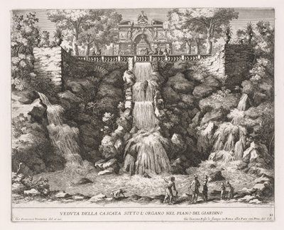 The Fountains of Rome, Bog IV, plade 21: Udsigt over kaskaden under orglet fra haven. af Giovanni Francesco Venturini