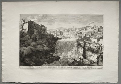 The Fountains of Rome, Bog IV, plade 27: Udsigt over Aniene-flodens vigtigste kaskade i Tivoli. af Giovanni Francesco Venturini